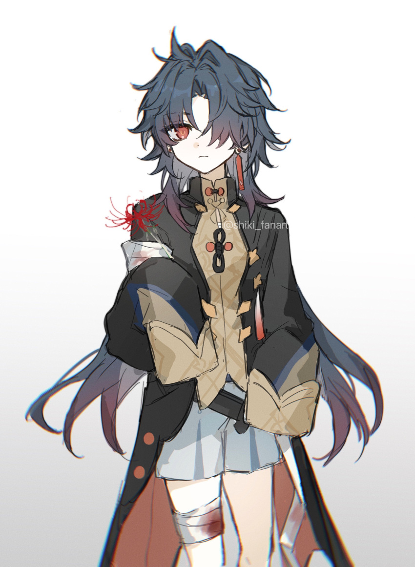 1boy absurdres aged_down bandaged_leg bandages black_hair black_jacket blade_(honkai:_star_rail) blood chinese_clothes closed_mouth earrings flower grey_background grey_shorts hair_over_one_eye highres honkai:_star_rail honkai_(series) jacket jewelry long_hair male_child male_focus multicolored_hair one_eye_covered red_eyes red_flower redhead shiki_fanart shirt shorts solo spider_lily tassel tassel_earrings twitter_username yellow_shirt