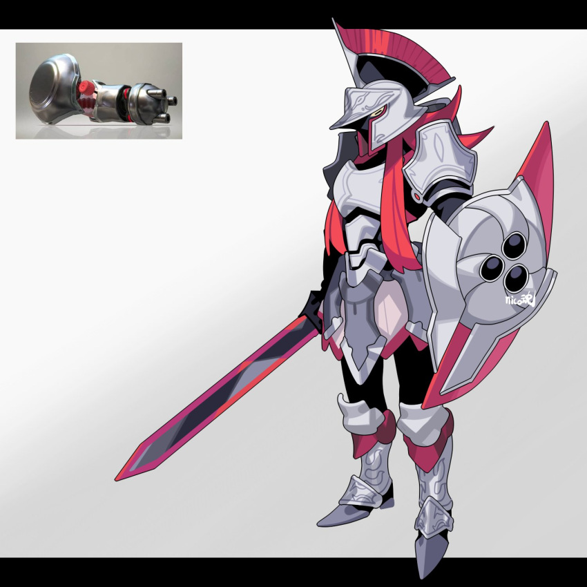 1other armor armored_boots boots full_body grey_background helmet highres holding holding_shield holding_sword holding_weapon knight letterboxed long_hair nautilus_(splatoon) personification redhead reference_inset shield sido_(slipknot) simple_background solo splatoon_(series) standing sword weapon