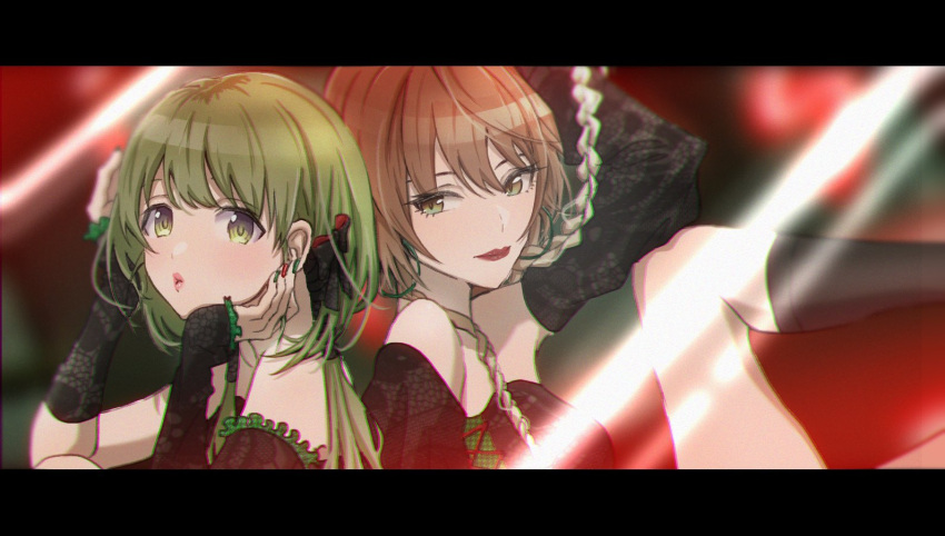 2girls aketa_mikoto aoki_mari arm_up bare_shoulders black_dress black_sleeves black_socks blurry blurry_background blush braid breasts brown_hair closed_mouth detached_sleeves dress earrings from_side green_eyes green_hair hair_ornament hair_over_shoulder hand_on_own_face hand_on_own_head hands_up hoop_earrings idolmaster idolmaster_shiny_colors jewelry knee_up large_breasts letterboxed looking_at_viewer multicolored_hair multicolored_nails multiple_girls nanakusa_nichika parted_lips shhis_(idolmaster) short_hair sleeveless sleeveless_dress smile socks twin_braids