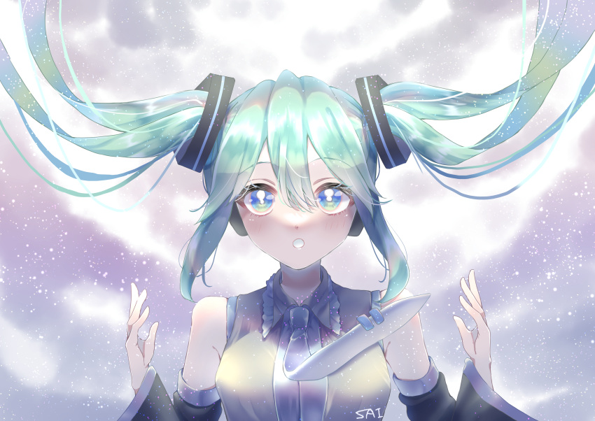 1girl absurdres aqua_eyes aqua_hair clip_studio_paint_(medium) detached_sleeves ellen_drawing grey_background hatsune_miku highres long_hair looking_at_viewer open_mouth signature solo twintails upper_body vocaloid