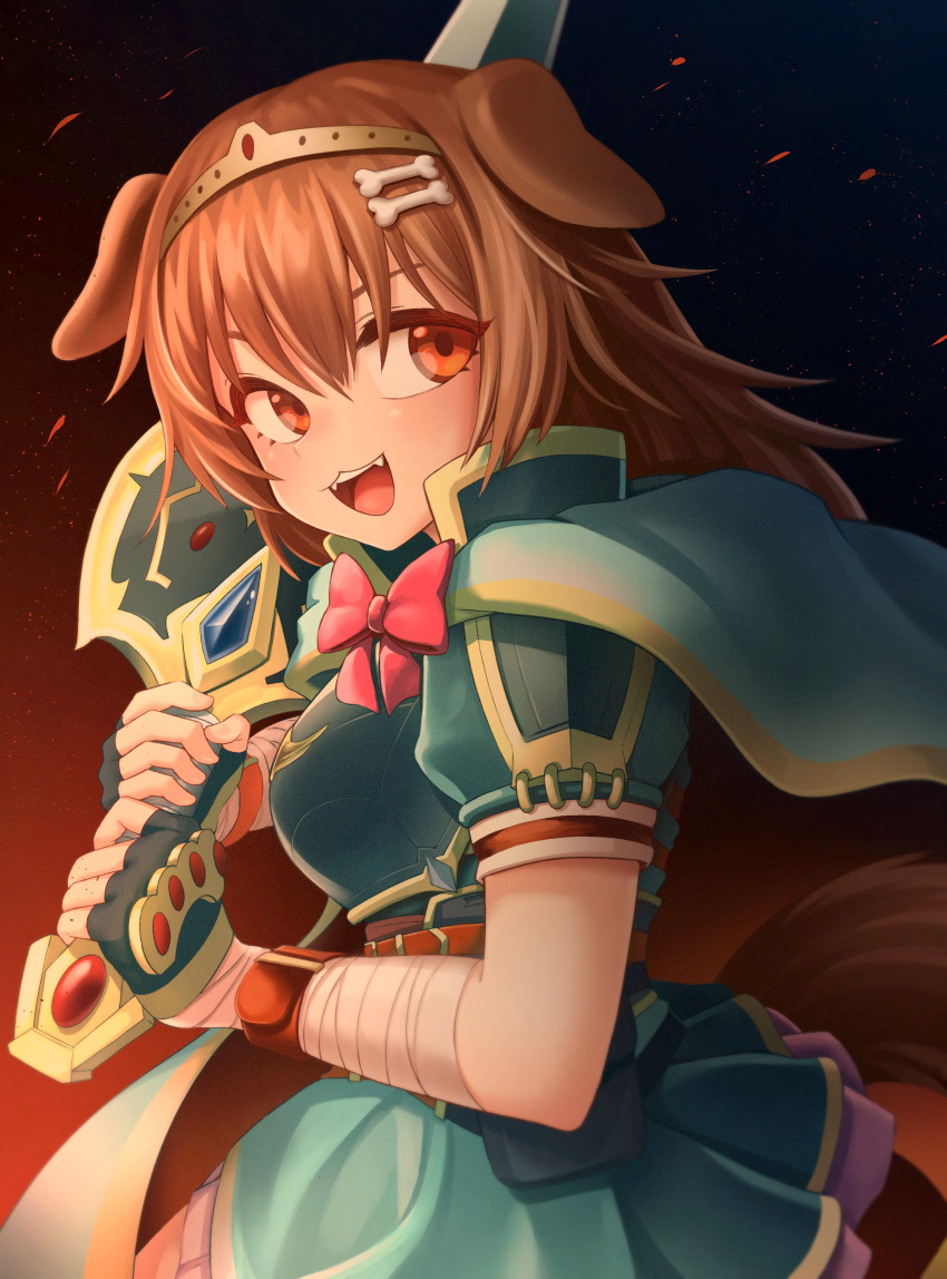 1girl :3 absurdres animal_ears armor armored_dress bone_hair_ornament bow brown_eyes brown_hair capelet dog_ears dog_girl dog_tail fangs fingerless_gloves fire gloves golmonggu hair_between_eyes hair_ornament hairpin highres holding holding_sword holding_weapon hololive inugami_korone open_mouth red_bow smile solo sword tail virtual_youtuber weapon