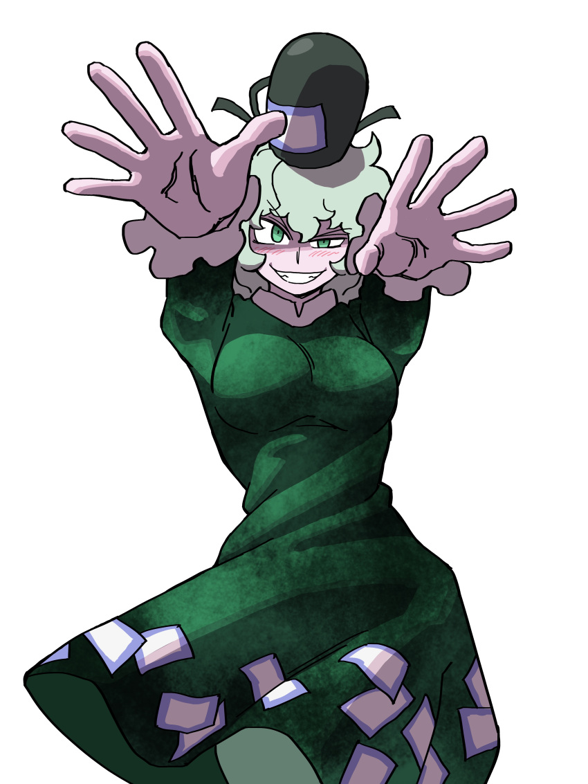 1girl absurdres black_headwear commentary dress eddybird55555 green_dress green_eyes grin hat highres light_green_hair long_sleeves looking_at_viewer ofuda ofuda_on_clothes reaching reaching_towards_viewer short_hair simple_background smile soga_no_tojiko solo tate_eboshi touhou white_background