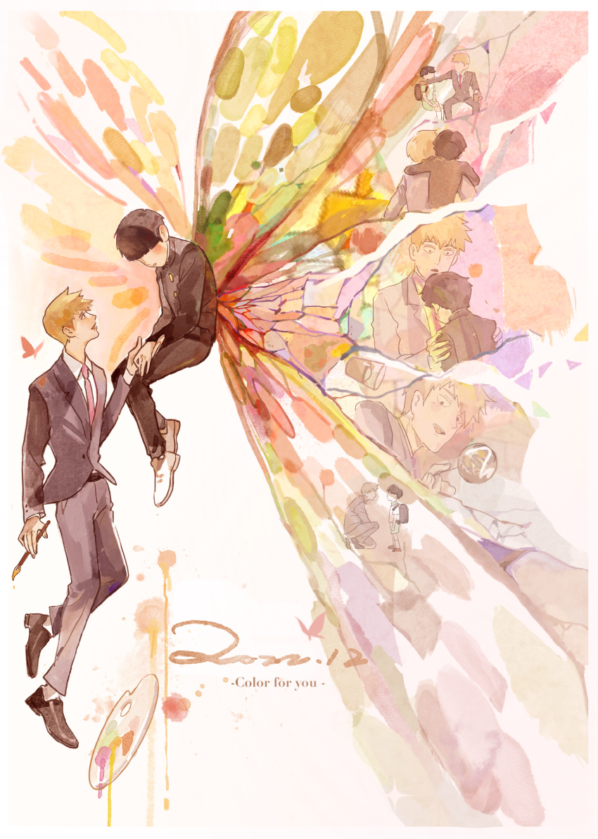 2boys backpack bag black_hair blonde_hair bowl_cut butterfly_wings carrying collared_shirt comforting crack cup dated drink english_text floating formal gakuran grey_jacket grey_pants highres holding holding_hands holding_paintbrush jacket kageyama_shigeo long_sleeves looking_at_another looking_up mob_psycho_100 multiple_boys necktie on_one_knee outstretched_arm paint_splatter paintbrush palette_(object) pants piggyback red_necktie reigen_arataka remembering renaisssa school_uniform shards shirt short_hair standing suit white_background white_shirt wings