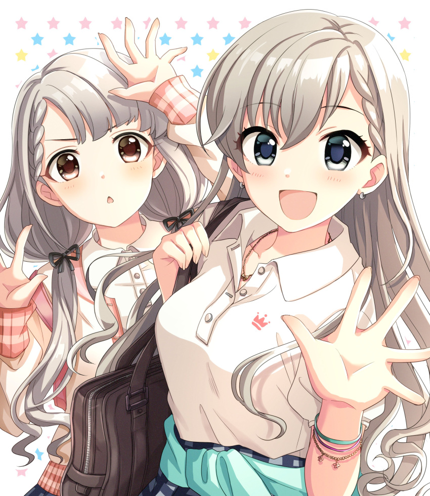 2girls absurdres arm_up bag black_ribbon blue_eyes blush braid braided_bangs breasts brown_eyes chestnut_mouth clothes_around_waist collarbone dot_nose earrings grey_hair grey_skirt hair_ribbon hands_up highres hisakawa_hayate hisakawa_nagi holding holding_bag idolmaster idolmaster_cinderella_girls idolmaster_cinderella_girls_starlight_stage jacket jewelry long_hair long_sleeves looking_at_viewer low_twintails multiple_bracelets multiple_girls necklace open_clothes open_hand open_jacket open_mouth pink_jacket plaid plaid_skirt pleated_skirt popon_ta ribbon school_bag school_uniform shirt short_sleeves siblings sisters skirt smile starry_background twins twintails v-shaped_eyebrows very_long_hair white_background white_shirt