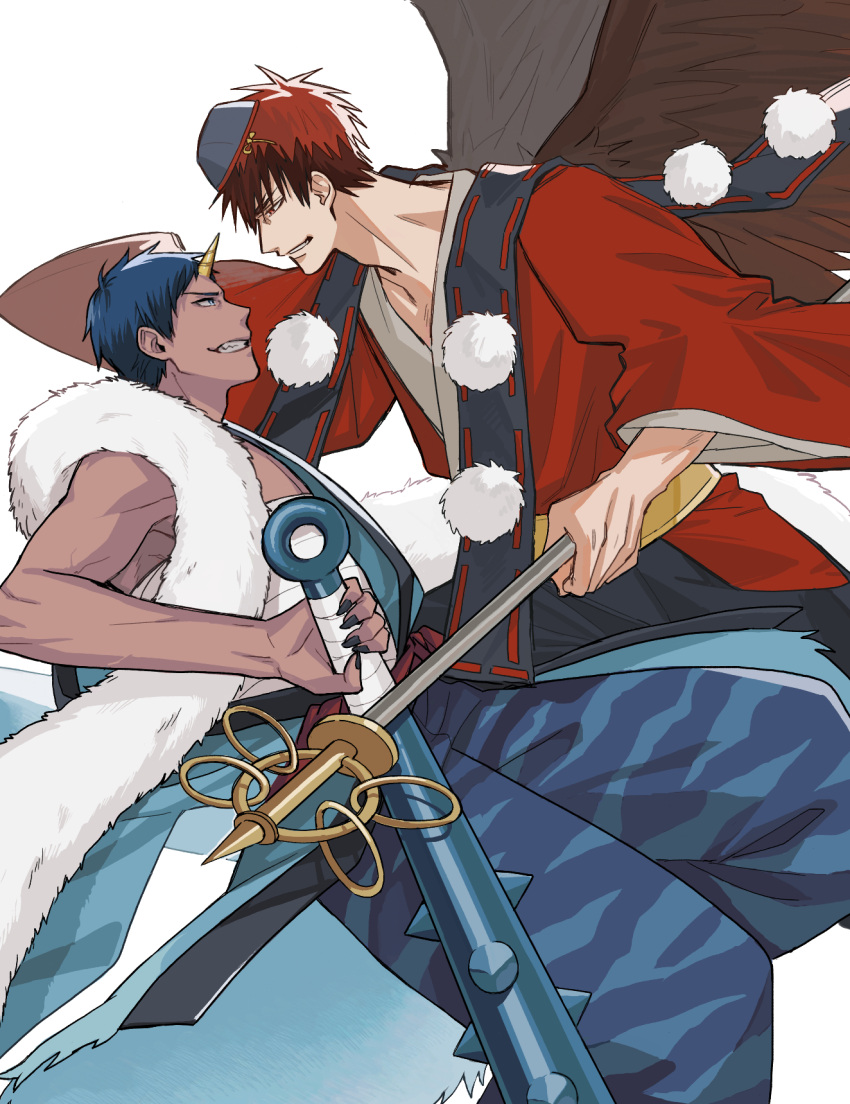 2boys aomine_daiki blue_hair blue_robe highres holding holding_sword holding_weapon horns kagami_taiga kuroko_no_basuke looking_at_another male_focus mirin_(coene65) multiple_boys parted_lips red_robe redhead robe simple_background single_horn sword teeth weapon white_background