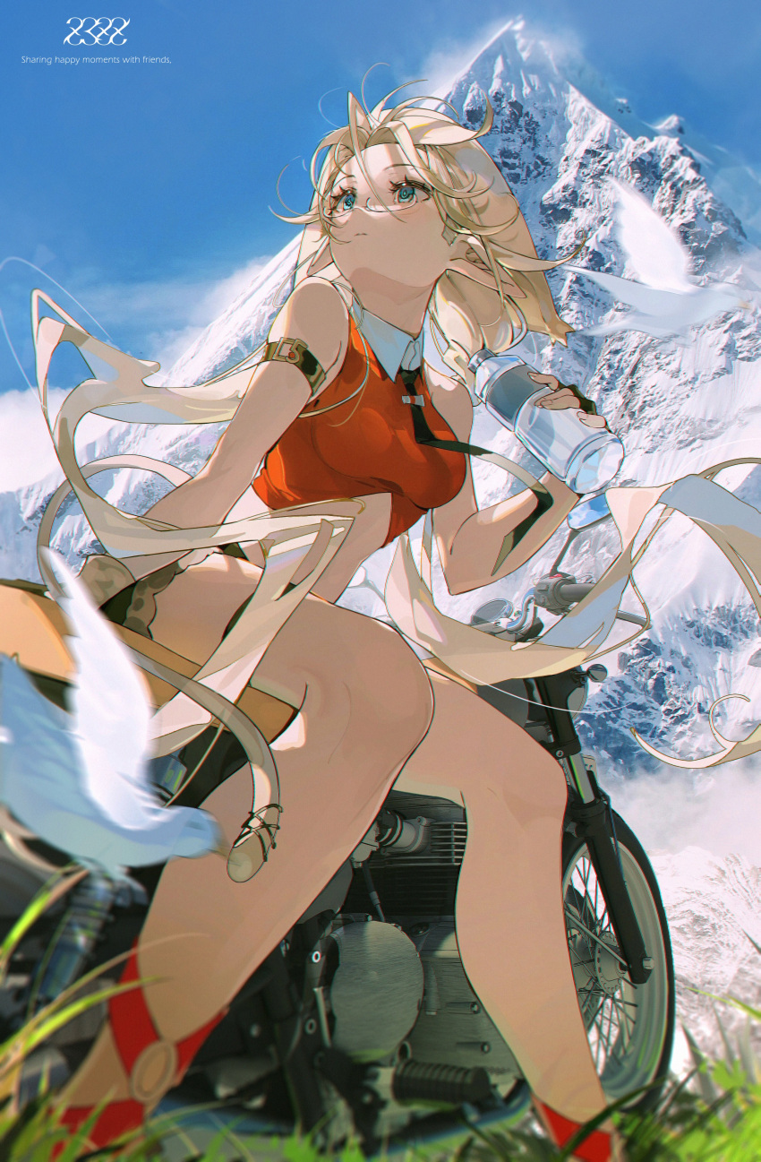 1girl absurdres armlet black_necktie blonde_hair blue_eyes bottle closed_mouth day glasses hair_spread_out highres holding holding_bottle long_hair looking_up motor_vehicle motorcycle mountain necktie original outdoors plastic_bottle pointy_ears sitting solo standing z3zz4