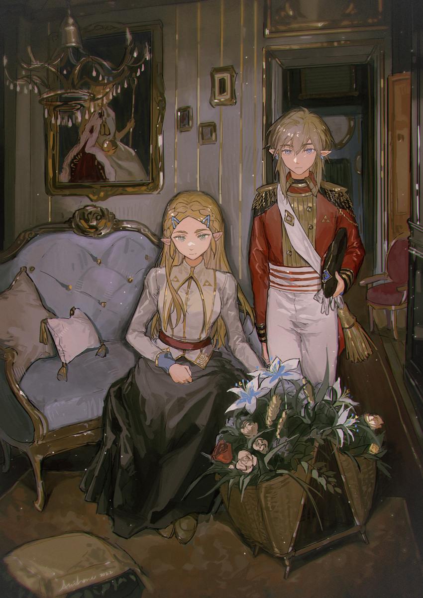 1boy 1girl akihare arm_at_side basket black_skirt blonde_hair blue_eyes braid carpet carrying carrying_under_arm chair chandelier couch door earrings epaulettes expressionless flower gloves gloves_removed hair_between_eyes hair_ornament hairclip highres indoors jacket jewelry link long_hair long_skirt long_sleeves looking_at_viewer medium_hair military military_uniform pants picture_frame pillow pointy_ears portrait_(object) princess_zelda red_flower red_jacket red_rose rose sash shirt shoulder_sash sidelocks sitting skirt tassel the_legend_of_zelda the_legend_of_zelda:_breath_of_the_wild uniform white_flower white_gloves white_pants white_rose white_shirt