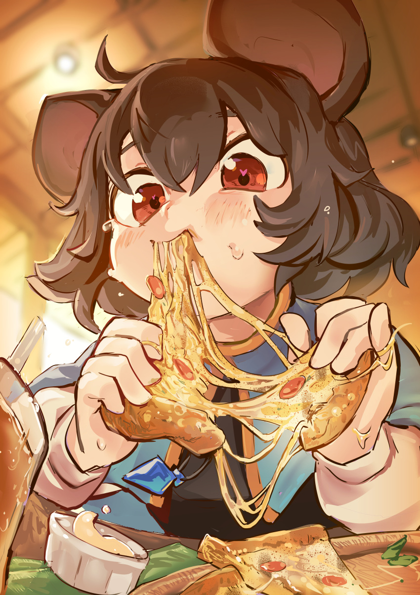 1girl absurdres ahoge animal_ears black_vest blue_capelet blurry blurry_background blush capelet cheese cheese_trail commentary_request eating food grey_hair hair_between_eyes hakonnbo heart heart-shaped_pupils highres indoors long_sleeves medium_bangs mouse_ears mouse_girl nazrin open_mouth pepperoni pizza pizza_slice red_eyes sauce shirt short_hair smile solo symbol-shaped_pupils touhou upper_body vest white_shirt