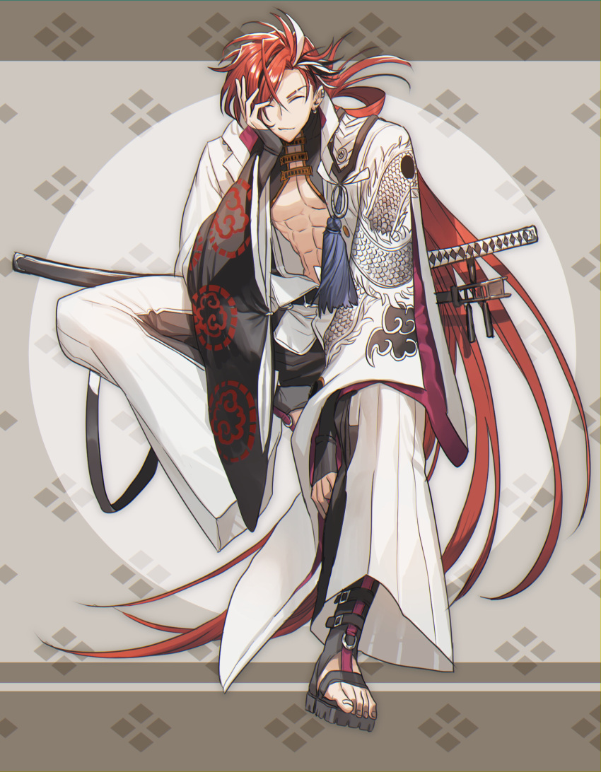 1boy abs black_hair closed_eyes dragon_print earrings eyebrow_cut fate/grand_order fate_(series) full_body hair_over_one_eye hand_on_own_face highres instrument instrument_on_back jacket japanese_clothes jewelry long_hair long_sleeves male_focus multicolored_hair nagatekkou none_(kameko227) pectorals redhead shamisen solo streaked_hair sword takasugi_shinsaku_(fate) underpec weapon white_hair white_jacket wide_sleeves