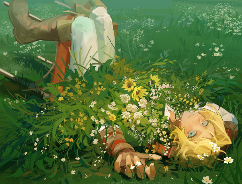 1boy absurdres arm_behind_head arm_pillow blonde_hair blue_eyes boots brown_footwear brown_gloves day feet_out_of_frame field fingerless_gloves flower flower_field gloves grass green_tunic highres knee_boots knees_together_feet_apart link looking_at_viewer lying male_focus meadow nature octahooves on_back on_chair on_ground outdoors pants parted_lips pointy_ears short_hair solo the_legend_of_zelda the_legend_of_zelda:_ocarina_of_time white_flower white_pants yellow_flower
