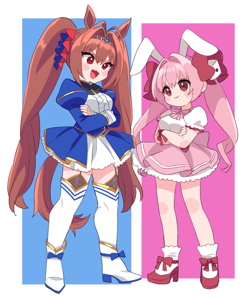 2girls animal_ears blush bow breasts brown_hair closed_mouth crossed_arms crossover daiwa_scarlet_(umamusume) di_gi_charat dice_hair_ornament dress hair_between_eyes hair_bow hair_intakes hair_ornament hair_ribbon highres horse_ears horse_girl horse_tail juliet_sleeves long_hair long_sleeves medium_breasts multiple_girls open_mouth pink_hair puffy_sleeves rabbit_ears red_bow red_eyes ribbon saito_katuo shoes short_sleeves simple_background socks tail thigh-highs tiara twintails umamusume usada_hikaru white_socks white_thighhighs