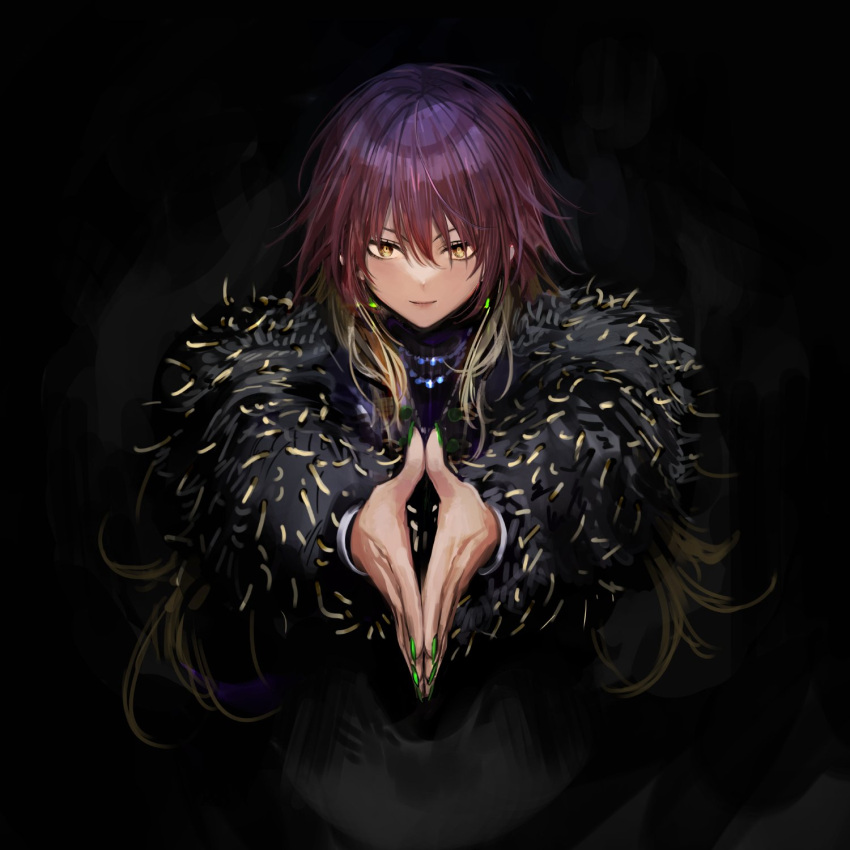 1girl aketa_mikoto black_shirt black_sleeves blending blonde_hair cowboy_shot dark_background earrings fur_sleeves green_nails half-closed_eyes highres idolmaster idolmaster_shiny_colors infukun jewelry light_smile lips long_hair long_sleeves looking_at_viewer multicolored_hair necklace outstretched_arms purple_hair shirt solo straight-on turtleneck yellow_eyes