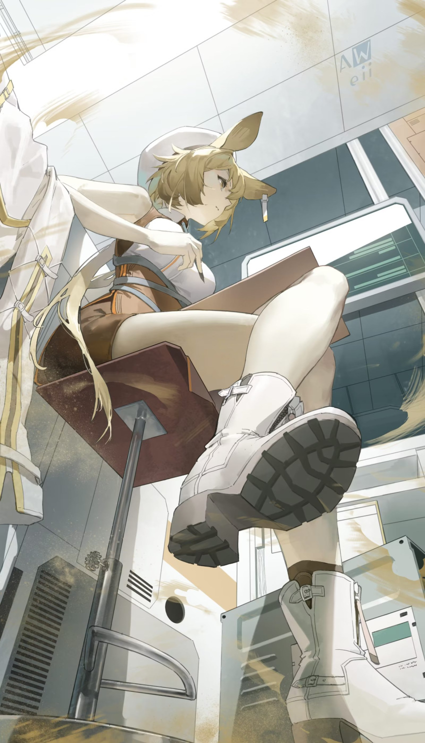 1girl absurdres animal_ears arknights aweii beret blonde_hair boots clipboard coat coat_removed crossed_legs dorothy_(arknights) from_below hat highres laboratory long_hair pen sand sitting stool white_footwear yellow_eyes