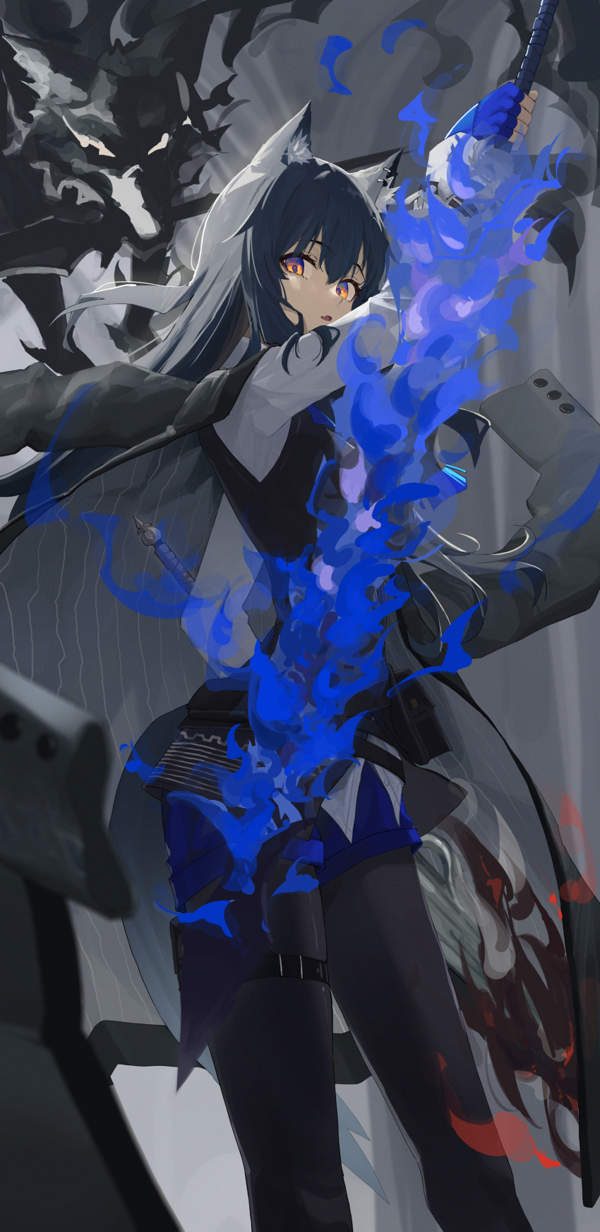 1girl absurdres animal_ears arknights arm_up black_coat black_gloves black_hair black_pantyhose black_vest blue_shorts coat coat_on_shoulders ear_piercing fang feet_out_of_frame fingerless_gloves flaming_sword flaming_weapon gloves highres holding holding_sword holding_weapon long_hair long_sleeves looking_at_viewer ningen_gokko open_mouth pantyhose piercing pouch shirt shorts skin_fang solo standing sword texas_(arknights) texas_the_omertosa_(arknights) thigh_strap vest weapon white_shirt wolf_ears yellow_eyes