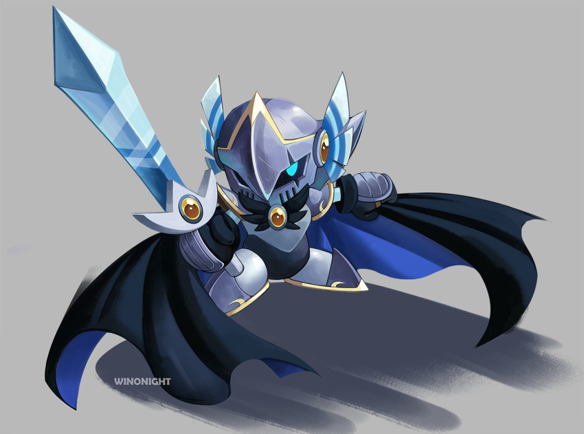 armor artist_name black_cape blue_eyes cape commentary english_commentary full_armor full_body grey_background helmet holding holding_sword holding_weapon kirby_(series) no_humans original simple_background solo standing sword weapon winonight