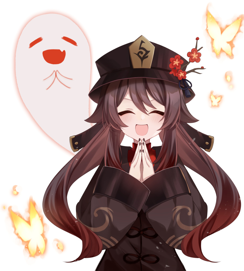 1girl absurdres black_nails blush boo_tao_(genshin_impact) brown_hair bug butterfly chibi closed_eyes commentary_request genshin_impact genshin_impact_sticker_redraw_(meme) ghost happy hat highres hu_tao_(genshin_impact) looking_at_viewer meme ougi_(u_to4410) own_hands_together simple_background smile solo twintails white_background