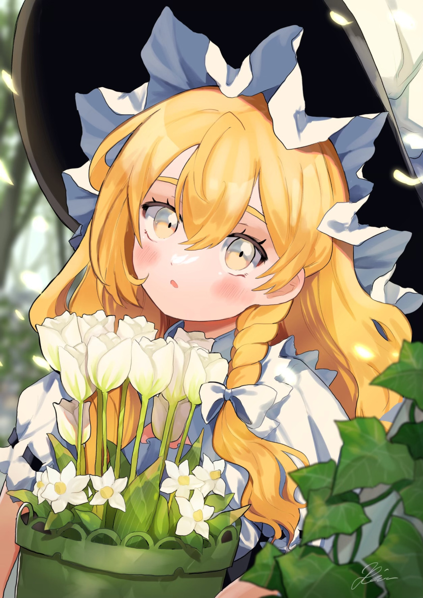 1girl blonde_hair blurry blurry_background blush braid daisy eyebrows_hidden_by_hair flower hair_between_eyes hat highres holding holding_flower kirisame_marisa long_hair looking_at_viewer outdoors parted_lips solo touhou tulip uchisaki_himari upper_body very_long_hair white_flower witch_hat yellow_eyes