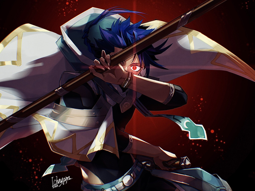 1boy black_background blue_hair bodysuit bodysuit_under_clothes bracelet braid braided_ponytail capelet child clothing_cutout cu_chulainn_(fate) dagger fate/grand_order fate_(series) fgo_moyashi glowing glowing_eyes gradient_background highres holding holding_polearm holding_weapon hood hooded_capelet jewelry knife long_hair looking_at_viewer male_child male_focus muscular muscular_child polearm red_background red_eyes setanta_(fate) signature solo thigh_cutout upper_body weapon