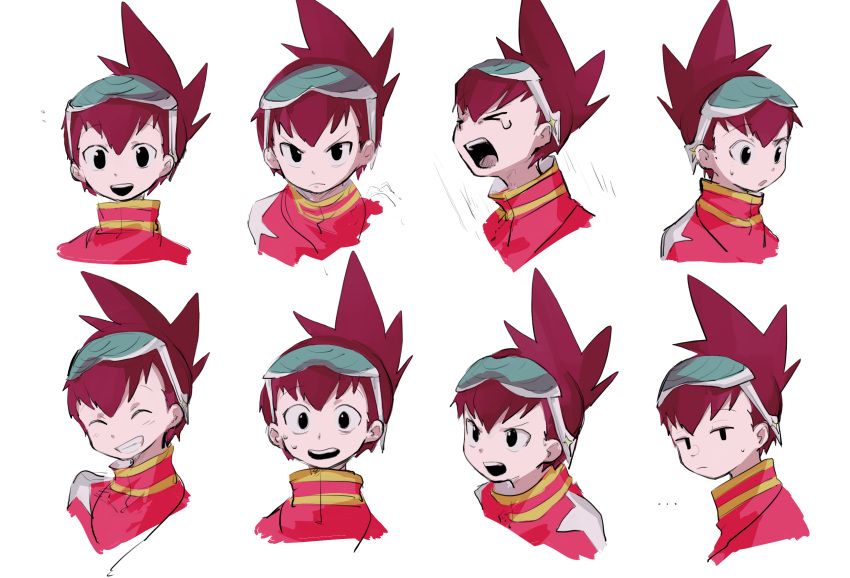 ._. 1boy azimuth72 brown_hair clenched_teeth commentary_request crying eyewear_on_head geo_stelar_(mega_man) highres looking_at_viewer male_focus mega_man_(series) mega_man_star_force short_hair simple_background smile solo spiky_hair surprised sweat teeth upper_body white_background