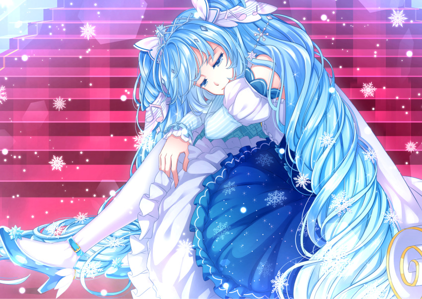 1girl absurdres blue_eyes blue_footwear blue_hair blue_skirt blue_sleeves center_frills closed_mouth commentary detached_sleeves dress drill_hair english_commentary frilled_dress frilled_skirt frills full_body half-closed_eyes hatsune_miku high_heels highres long_hair looking_down medium_bangs pantyhose puffy_detached_sleeves puffy_sleeves riabels sitting sitting_on_stairs skirt smile snowflakes solo stairs striped_sleeves tiara twintails two-tone_sleeves very_long_hair vocaloid white_dress white_pantyhose white_sleeves yuki_miku yuki_miku_(2019)