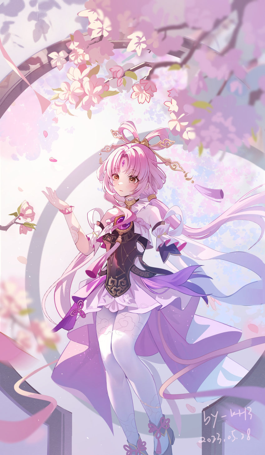 1girl bare_shoulders black_dress blush cherry_blossoms cloud_print dated detached_sleeves dress flower forehead_jewel fu_xuan_(honkai:_star_rail) full_body gloves hair_ornament hair_rings hair_stick highres honkai:_star_rail honkai_(series) jewelry long_hair miaogujun neck_tassel necklace pantyhose parted_bangs parted_lips pink_flower pink_hair shoes short_sleeves solo tassel tassel_hair_ornament tree very_long_hair white_gloves white_pantyhose white_sleeves