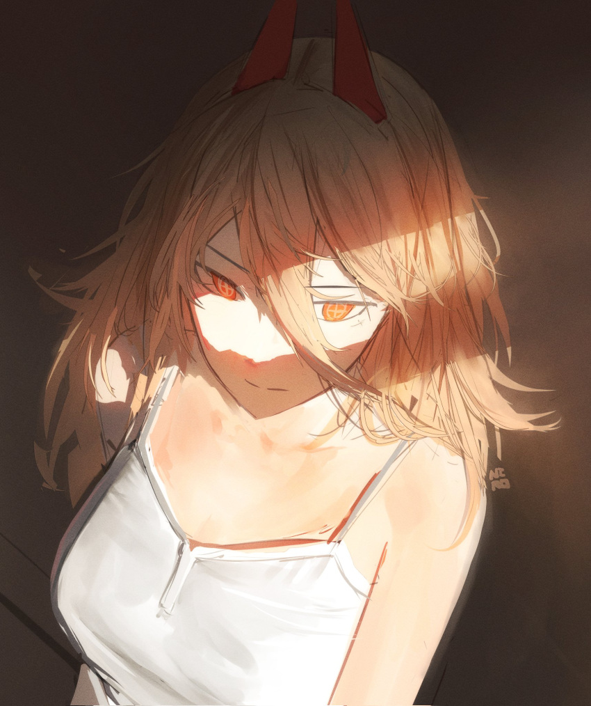 1girl blonde_hair camisole chainsaw_man cross-shaped_pupils hair_between_eyes highres light_rays long_hair looking_at_viewer niroxin power_(chainsaw_man) red_eyes solo sunbeam sunlight symbol-shaped_pupils white_camisole