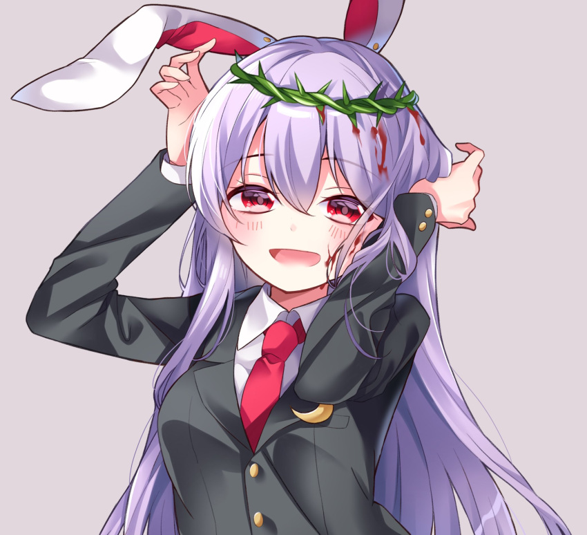 1girl :d blood crown_of_thorns grey_background happy highres long_hair meimei_(meimei89008309) open_mouth purple_hair red_eyes reisen_udongein_inaba simple_background smile solo thorns touhou very_long_hair