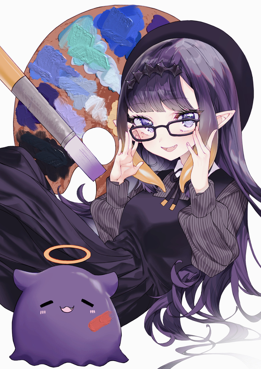 1girl :3 absurdres adjusting_eyewear beret dress glasses halo hat highres hololive hololive_english long_hair long_sleeves looking_at_viewer ninomae_ina'nis official_alternate_costume open_mouth paint paintbrush palette_(object) pointy_ears purple_hair smile sumisumire00 takodachi_(ninomae_ina'nis) tentacle_hair violet_eyes virtual_youtuber