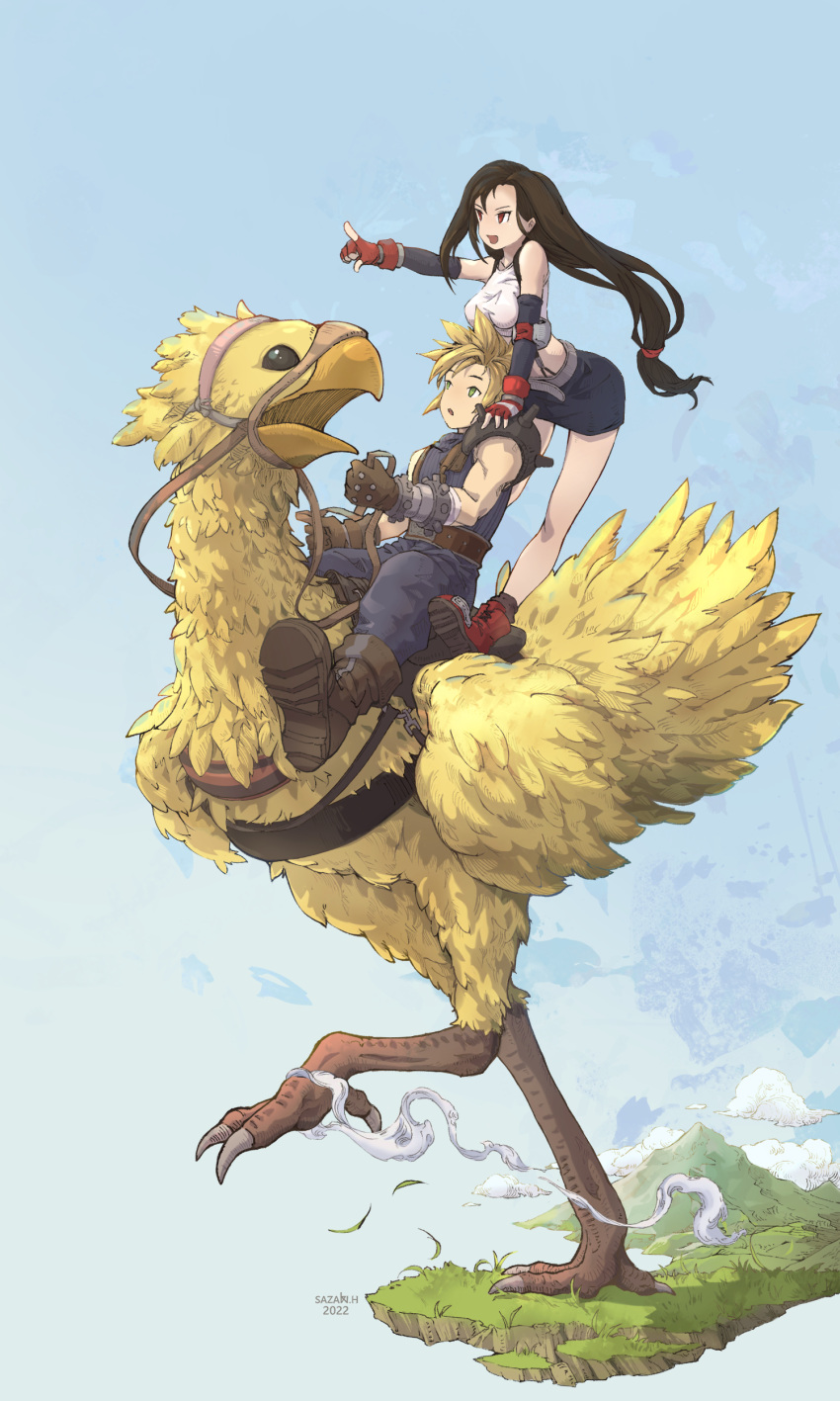 1boy 1girl absurdres armor artist_name bare_shoulders belt bird black_gloves black_hair black_skirt black_socks blonde_hair blue_eyes blue_pants blue_sky blue_sweater boots breasts brown_footwear brown_gloves chocobo cloud_strife clouds crop_top dated day elbow_gloves elbow_pads final_fantasy final_fantasy_vii fingerless_gloves full_body gloves grass hair_behind_ear hand_on_another's_shoulder highres holding holding_reins large_breasts long_hair low-tied_long_hair midriff miniskirt mountain open_mouth outdoors pants pointing pointing_forward red_eyes red_footwear red_gloves reins riding riding_animal riding_bird sazaki_huangdalun shoulder_armor single_bare_shoulder single_elbow_pad sitting skirt sky sleeveless sleeveless_turtleneck socks spiky_hair standing suspender_skirt suspenders sweater tank_top tifa_lockhart turtleneck turtleneck_sweater white_tank_top
