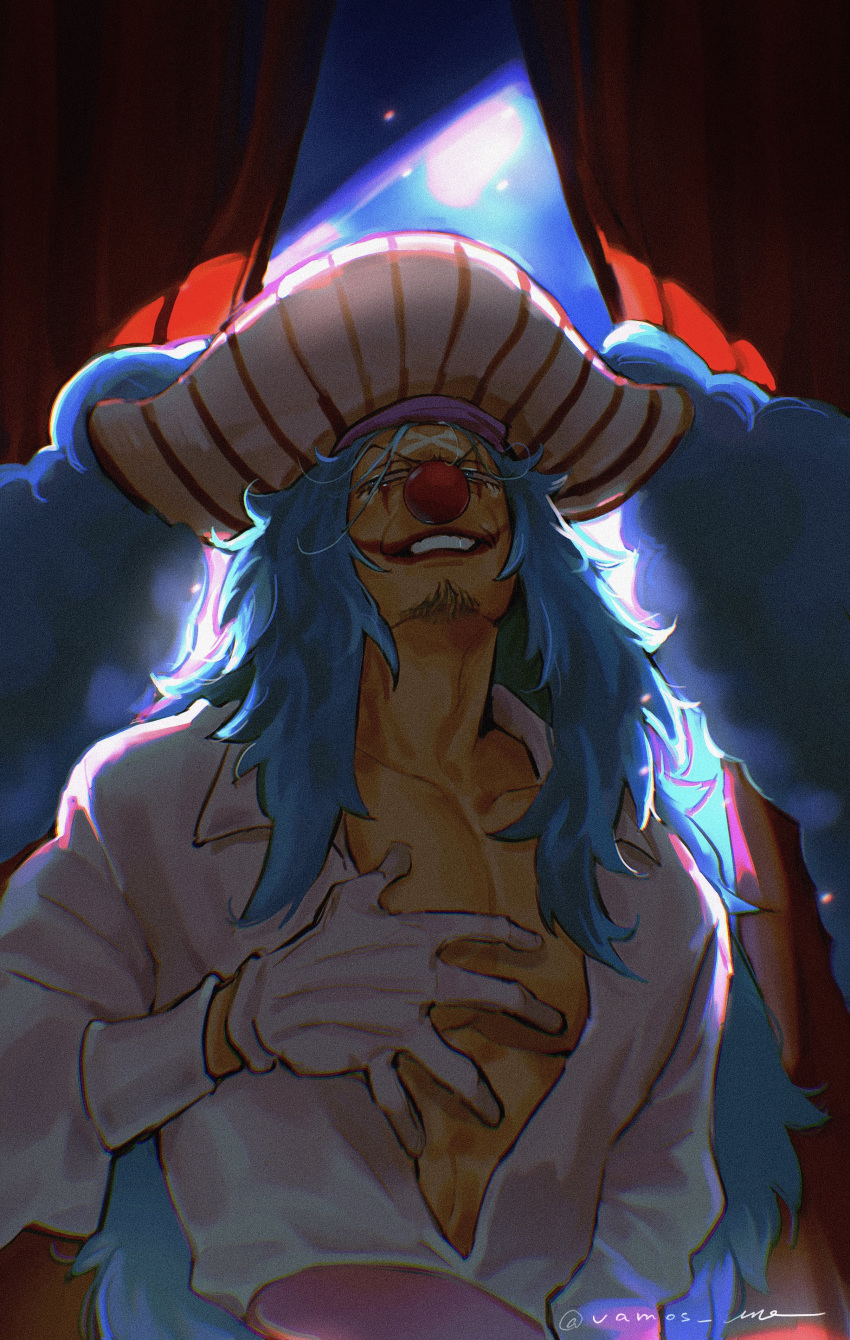 1boy absurdres blue_eyes blue_hair buggy_the_clown clown clown_nose facepaint facial_hair gloves grin hat highres long_hair male_focus one_piece open_clothes open_shirt pectoral_cleavage pectorals pirate_hat red_nose shirt signature smile solo upper_body vamos_mk white_gloves white_shirt