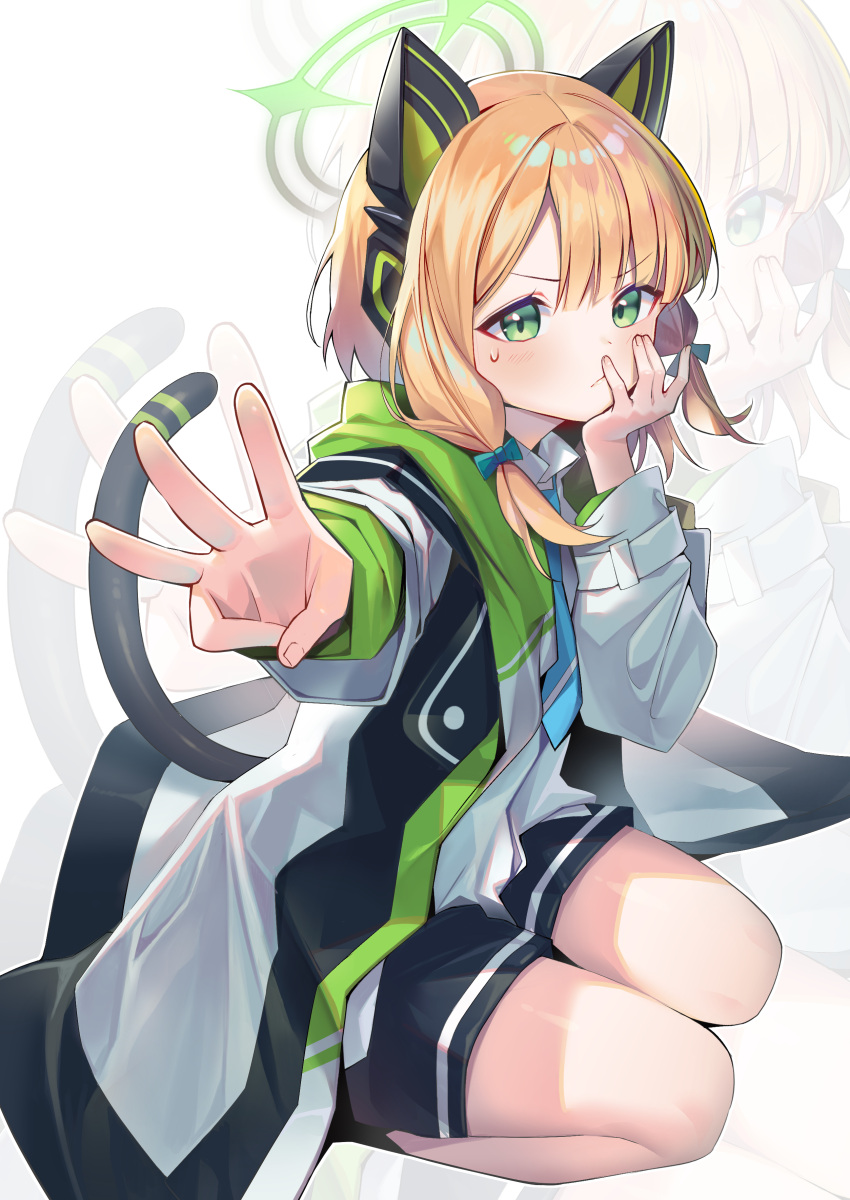 1girl absurdres animal_ear_headphones animal_ears blonde_hair blue_archive blue_bow blue_necktie bow cat_ear_headphones cat_tail closed_mouth fake_animal_ears fake_tail green_eyes halo headphones highres jacket kurobi_(netisz) midori_(blue_archive) necktie open_clothes open_jacket school_uniform simple_background solo sweatdrop tail thigh-highs white_background zoom_layer