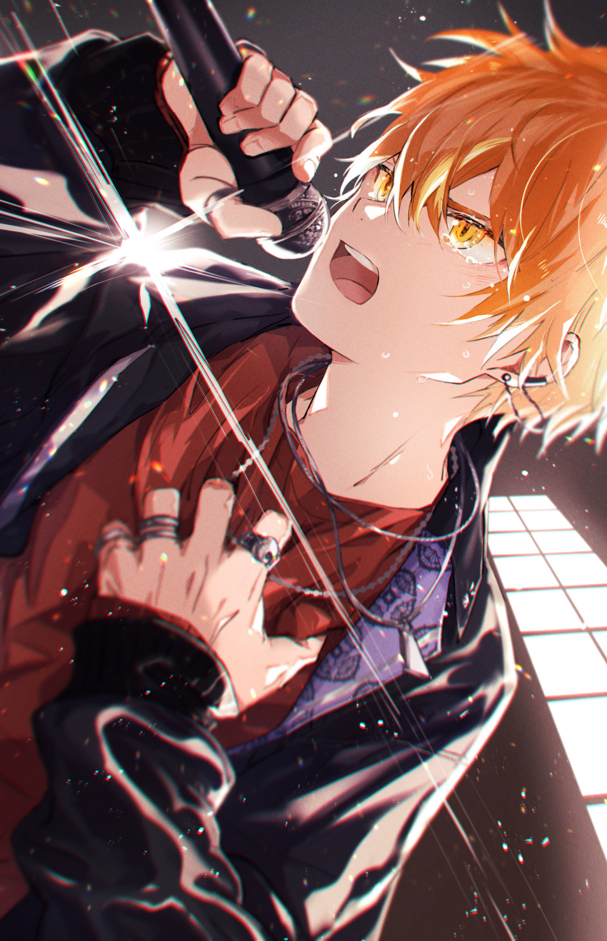 1boy absurdres black_jacket blonde_hair commentary_request earrings find_a_way_out_(project_sekai) hair_between_eyes highres holding holding_microphone jacket jewelry kuuu_ilst long_sleeves male_focus microphone multicolored_hair necklace official_alternate_costume open_mouth orange_eyes orange_hair project_sekai red_shirt ring shinonome_akito shirt short_hair solo streaked_hair tears teeth upper_body upper_teeth_only