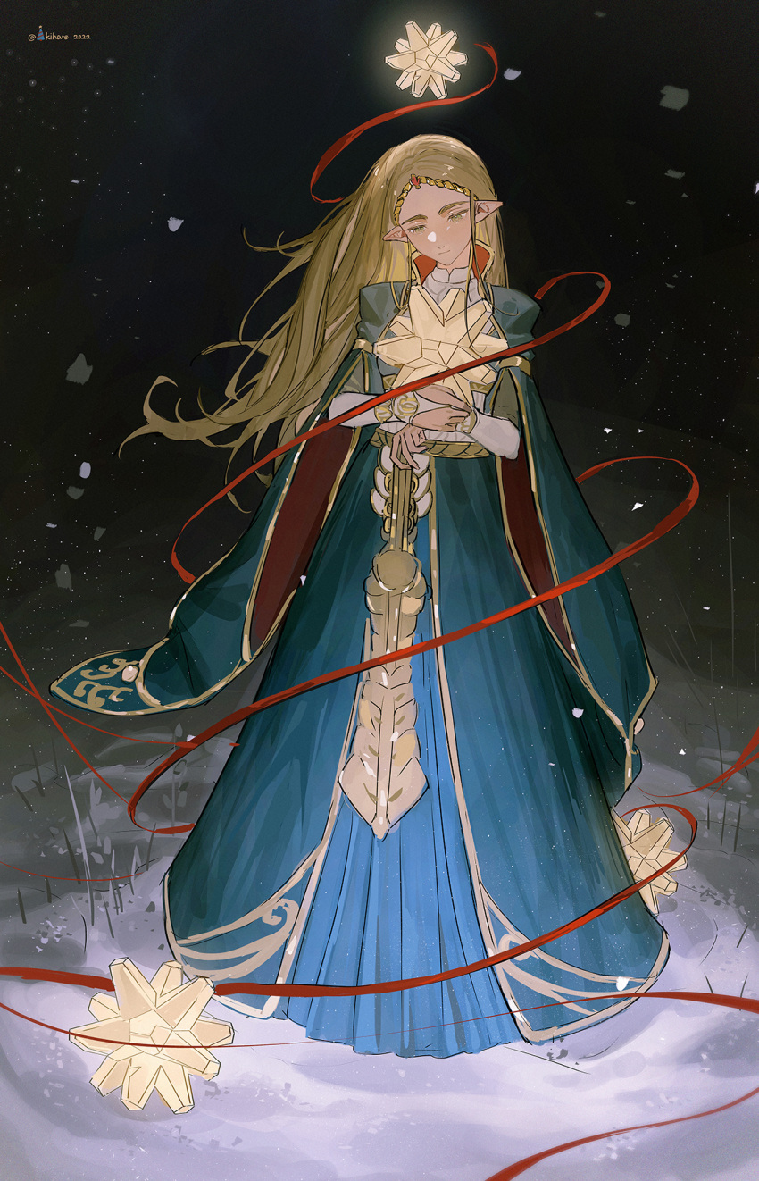 1girl akihare artist_name black_background blonde_hair blue_dress braid braided_bangs bridal_gauntlets christmas_ornaments commentary crown_braid dress english_commentary feathers floating_hair gold_trim head_tilt highres light_particles light_smile long_hair long_sleeves pointy_ears princess_zelda red_ribbon ribbon snow snowing solo standing the_legend_of_zelda the_legend_of_zelda:_breath_of_the_wild very_long_hair wide_sleeves