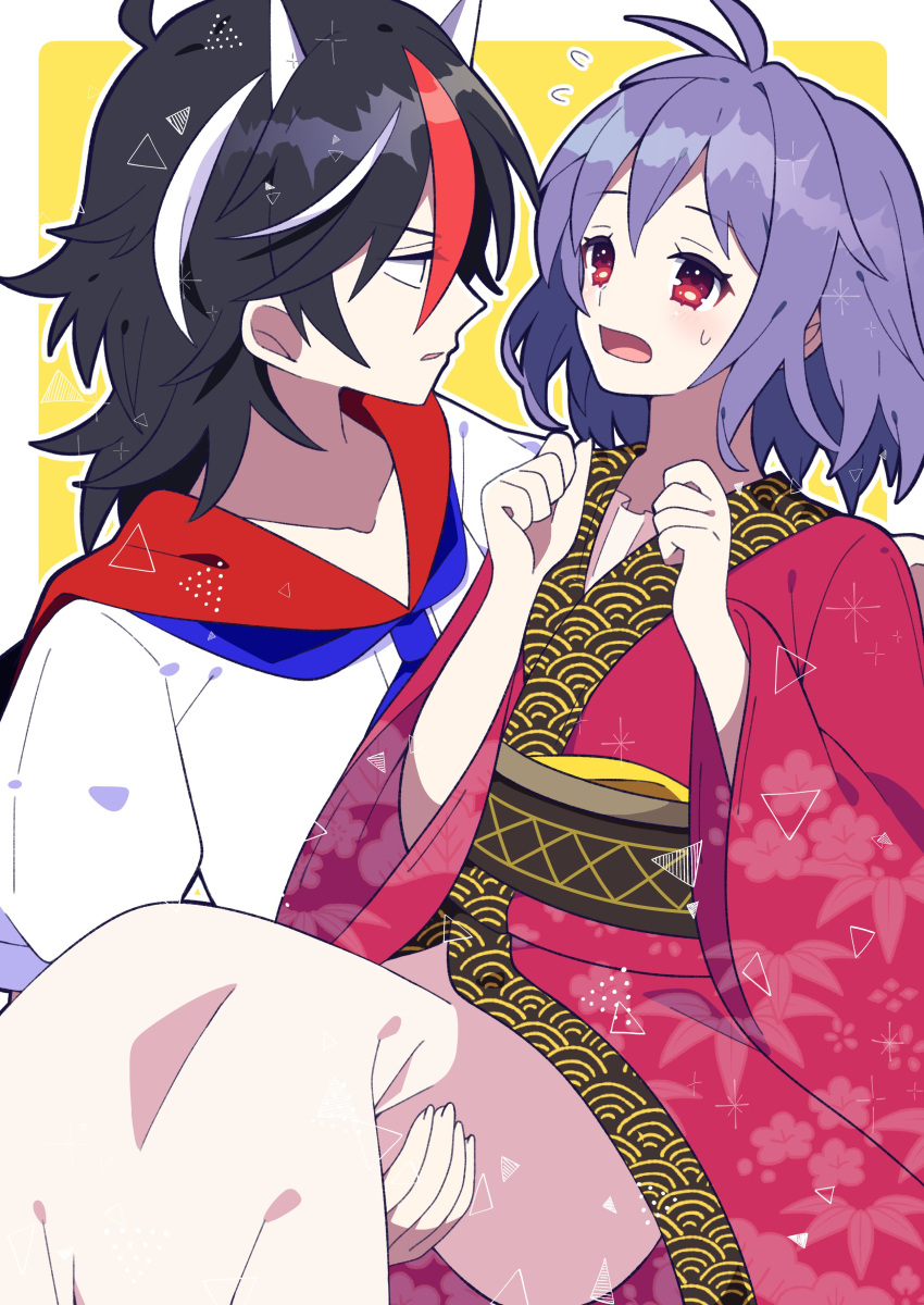 2girls absurdres antenna_hair black_hair border carrying commentary_request flying_sweatdrops highres horns japanese_clothes kijin_seija kimono long_sleeves medium_hair multicolored_hair multiple_girls princess_carry purple_hair red_eyes red_kimono redhead sash short_hair simple_background streaked_hair sukuna_shinmyoumaru touhou white_border white_hair wide_sleeves yellow_background yoriteruru