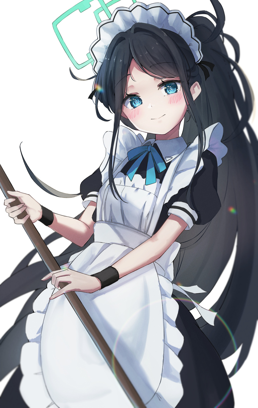 1girl absurdres apron aris_(blue_archive) aris_(maid)_(blue_archive) black_dress black_hair blue_archive blue_eyes blue_ribbon blush closed_mouth dress halo highres leopon_pon long_hair looking_at_viewer maid maid_apron maid_headdress neck_ribbon official_alternate_costume puffy_short_sleeves puffy_sleeves ribbon ringed_eyes short_sleeves smile solo very_long_hair white_apron wide_ponytail wrist_cuffs