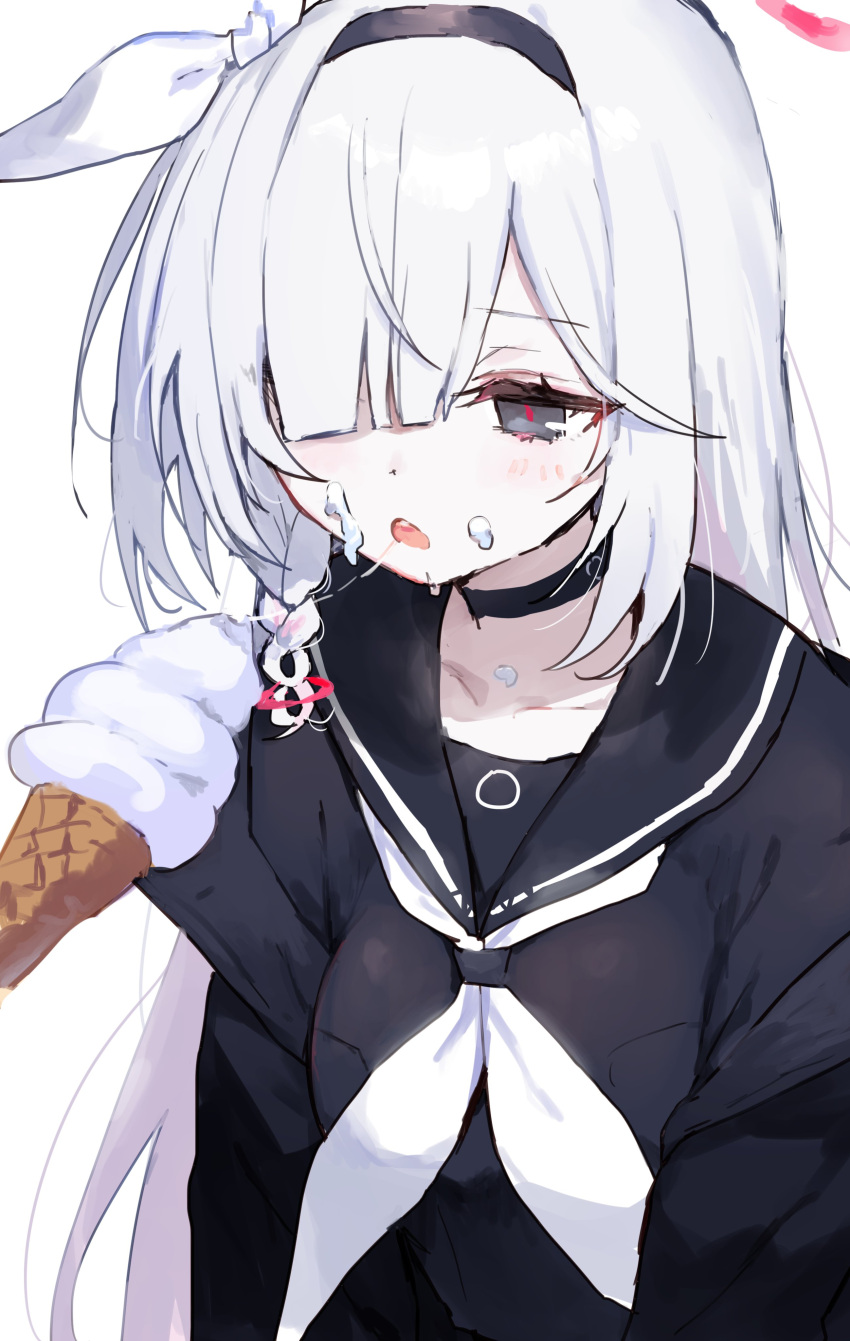 1girl 1other absurdres black_choker black_sailor_collar blue_archive blue_bow bow choker collarbone food food_on_face grey_eyes hair_over_one_eye hair_ribbon hairband halo highres holding_ice_cream ice_cream ice_cream_cone inusaka long_hair open_mouth plana_(blue_archive) ribbon sailor_collar simple_background teeth upper_body upper_teeth_only white_background white_hair white_ribbon