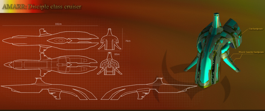 3d amarr_empire_(eve_online) blueprint_(medium) commentary concept_art cruiser_(eve_online) eve_online from_side glowing gordon131 highres military military_vehicle multiple_views no_humans orange_background original reference_sheet science_fiction spacecraft thrusters vehicle_focus
