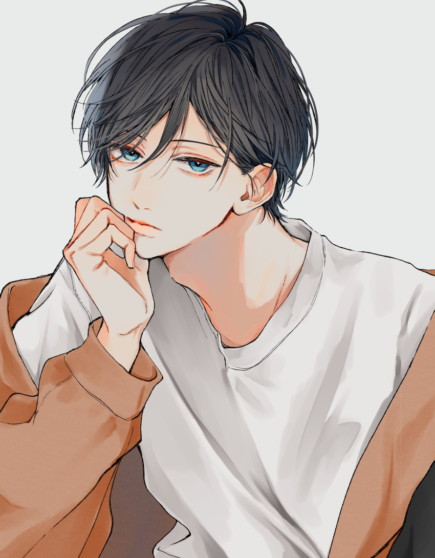 1boy absurdres black_hair blue_eyes brown_jacket closed_mouth en_(e898n) hand_up highres jacket long_sleeves looking_at_viewer male_focus off_shoulder original shirt short_hair simple_background solo white_background white_shirt