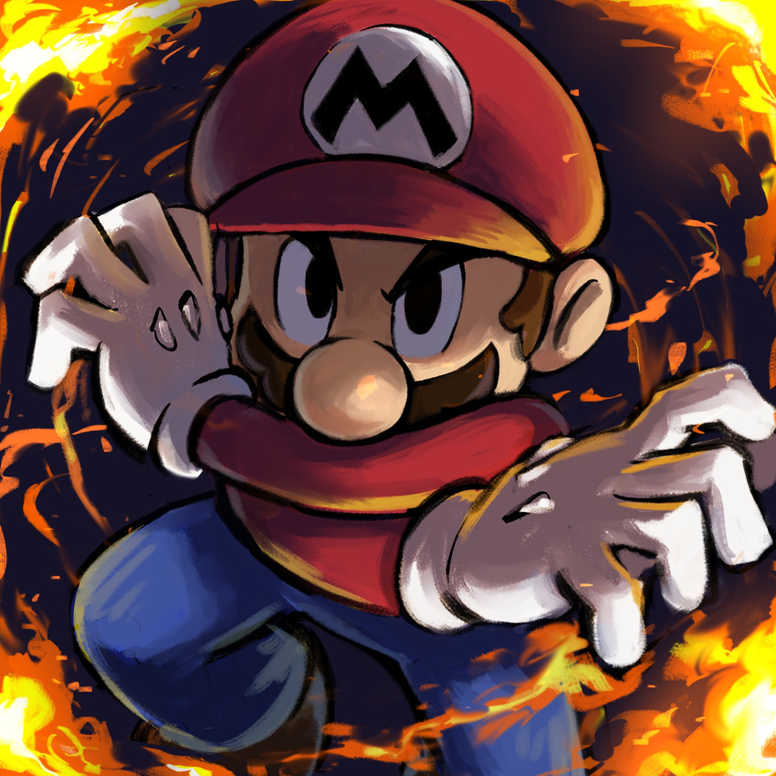1boy alternate_color_hat angry big_nose blue_overalls boots brown_footwear brown_hair facial_hair fire gloves hat highres male_focus mario mario_&amp;_luigi:_superstar_saga mario_&amp;_luigi_rpg masanori_sato_(style) mustache official_style overalls plumber red_headwear red_overalls red_shirt shirt short_hair solo super_mario_bros. white_gloves ya_mari_6363