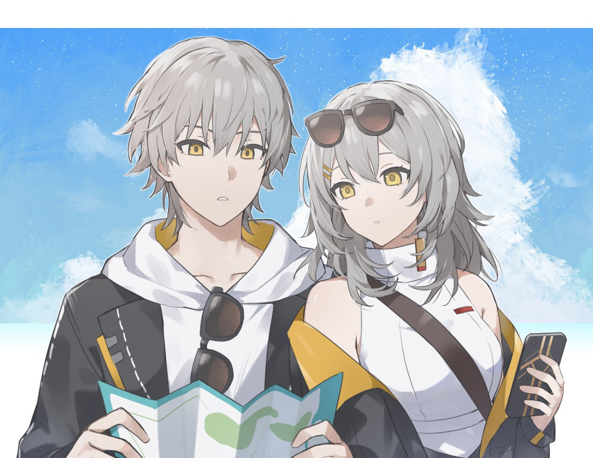 1boy 1girl black_jacket blue_sky border breasts caelus_(honkai:_star_rail) cellphone closed_mouth clouds cloudy_sky collarbone collared_jacket day dress earrings eyewear_on_head grey_hair hair_between_eyes hair_ornament hairclip hand_up hands_up holding holding_map holding_phone honkai:_star_rail honkai_(series) hood hooded_jacket hoodie jacket jewelry long_hair long_sleeves looking_down looking_to_the_side map medium_breasts open_clothes open_jacket outdoors phone puffy_long_sleeves puffy_sleeves short_hair single_earring sky smartphone standing stelle_(honkai:_star_rail) sunglasses teeth trailblazer_(honkai:_star_rail) turtleneck turtleneck_dress white_border white_dress white_hoodie yellow_eyes younomiti