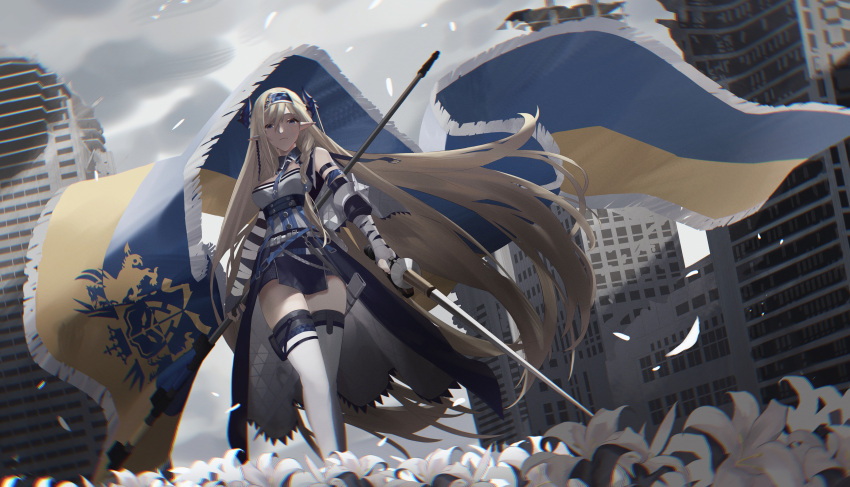 1girl absurdly_long_hair absurdres arknights blonde_hair blue_eyes blue_hairband blue_necktie blue_skirt braid breasts chromatic_aberration city closed_mouth commentary_request detached_collar dragon_horns elbow_pads feet_out_of_frame flag flower hair_spread_out hairband highres holding holding_flag holding_sword holding_weapon horns igawa_hikaru kingdom_of_victoria_logo lily_(flower) long_hair looking_at_viewer necktie petals pointy_ears rapier saileach_(arknights) shirt skirt solo strapless strapless_shirt sword thigh-highs very_long_hair war_flag weapon white_thighhighs zettai_ryouiki