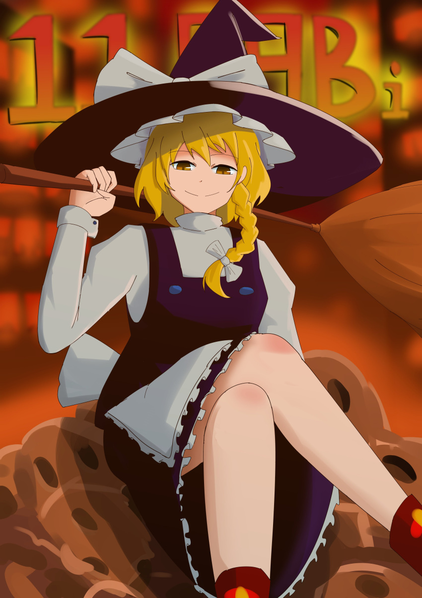 1girl absurdres blonde_hair bow braid broom building commentary crossed_legs dress english_commentary english_text fog gameplay_mechanics haniwa_(statue) hat highres holding holding_broom kirisame_marisa muzilana ribbon scoring shirt short_hair sitting skirt skyscraper smile smug solo text_focus touhou touhou_world_cup white_ribbon white_shirt wily_beast_and_weakest_creature witch_hat yellow_eyes