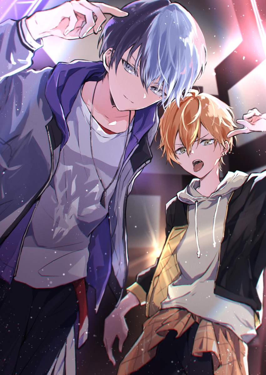 2boys aoyagi_touya black_pants blonde_hair blue_hair closed_mouth clothes_around_waist commentary_request cowboy_shot dark_blue_hair drawstring green_eyes grey_jacket hair_between_eyes highres hood hood_down hoodie index_finger_raised jacket jacket_around_waist jacket_over_hoodie jewelry kuuu_ilst long_sleeves looking_at_viewer male_focus mole mole_under_eye multicolored_hair multiple_boys necklace open_clothes open_jacket open_mouth orange_hair pants project_sekai purple_hood shinonome_akito short_hair split-color_hair streaked_hair teeth tongue tongue_out two-tone_hair upper_teeth_only yellow_hoodie