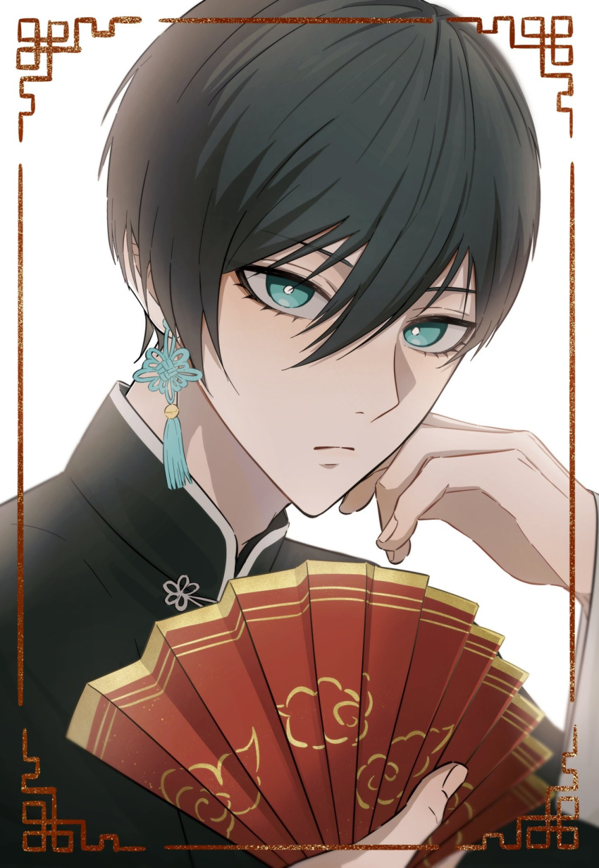 1boy black_hair black_shirt blue_eyes blue_lock chinese_clothes closed_mouth earrings hand_fan hand_up highres holding holding_fan itoshi_rin jewelry looking_at_viewer male_focus shirt short_hair single_earring solo upper_body white_background yorimeow