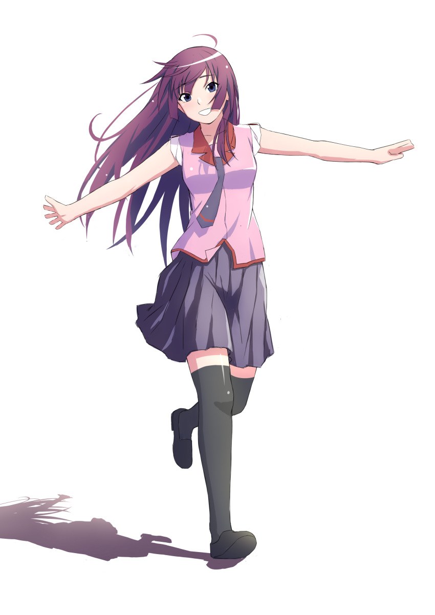 1girl absurdres ahoge bakemonogatari black_footwear black_thighhighs blue_eyes breasts clenched_teeth full_body highres long_hair looking_at_viewer miniskirt monogatari_(series) naoetsu_high_school_uniform necktie outstretched_arms over-kneehighs parted_bangs pink_shirt pleated_skirt purple_hair purple_necktie school_uniform senjougahara_hitagi shadow shirt short_sleeves sidelocks simple_background skirt sleeves_rolled_up smile solo standing standing_on_one_leg teeth thigh-highs txbbxb white_background zettai_ryouiki