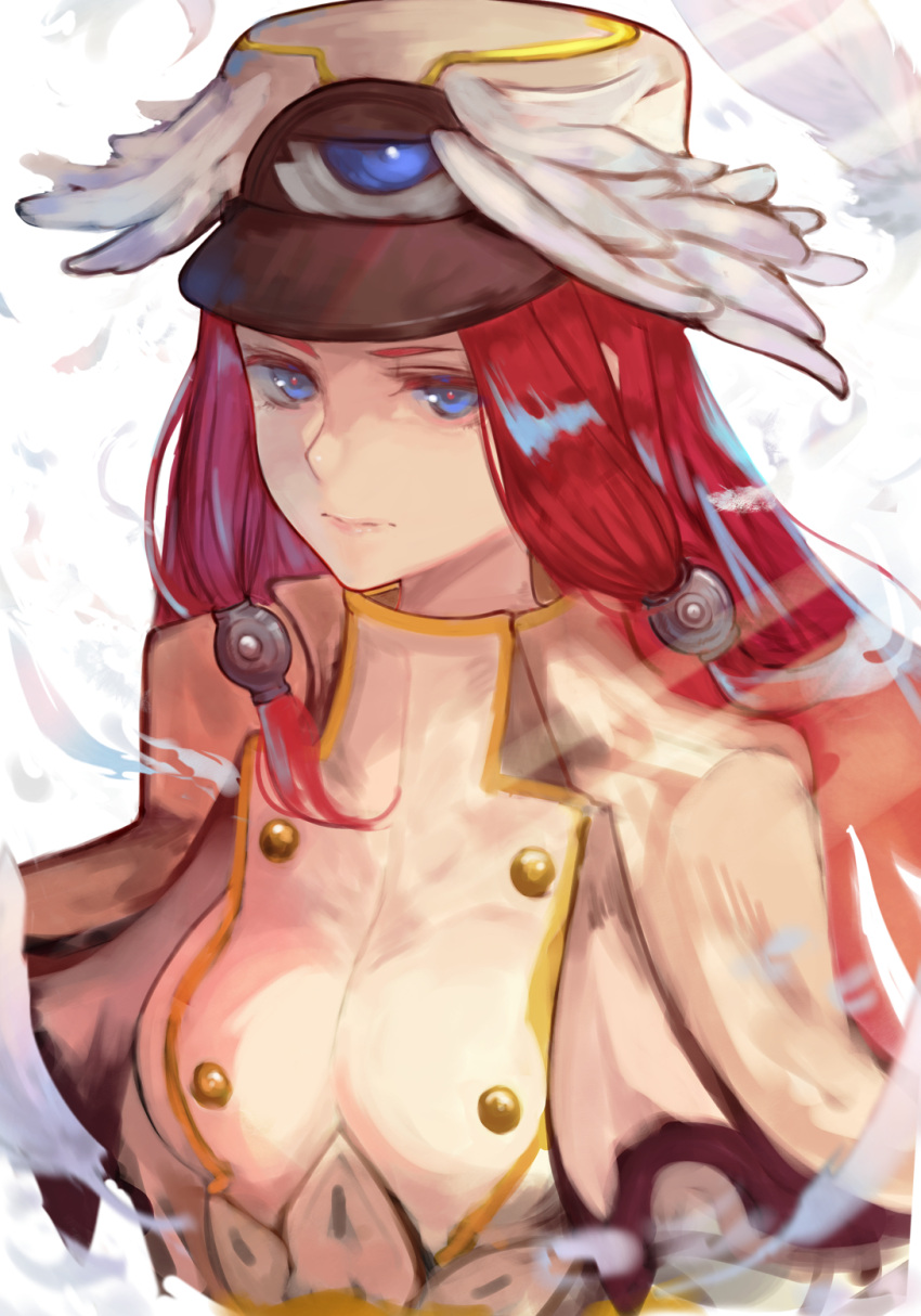 1girl blazblue blue_eyes breasts closed_mouth feathered_wings feathers hair_tubes hat highres levvellevvel long_hair looking_at_viewer pants redhead solo third_eye tsubaki_yayoi upper_body weapon winged_hat wings
