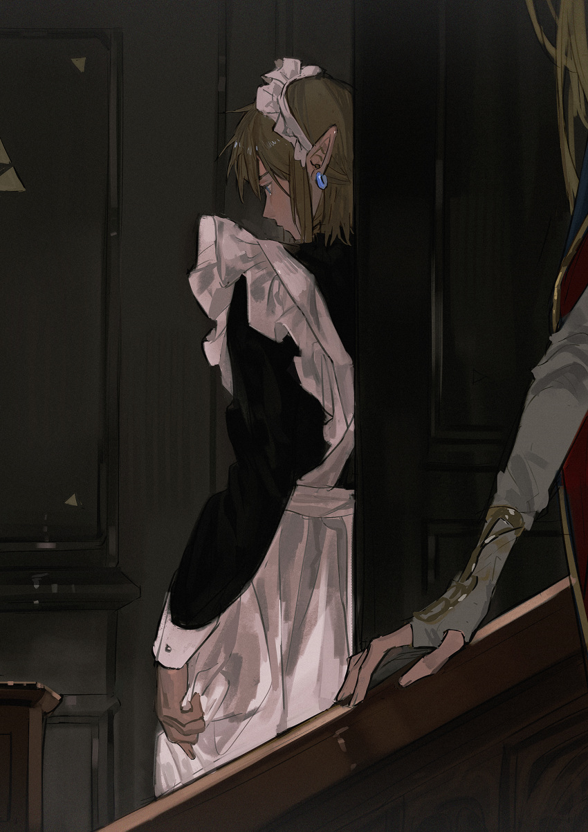 1boy 1girl akihare alternate_costume apron black_dress blonde_hair brown_hair cowboy_shot crossdressing dress earrings enmaided fingerless_gloves frilled_apron frills gloves half_updo hiding highres indoors jewelry link long_sleeves maid maid_headdress male_maid out_of_frame pointy_ears princess_zelda profile railing skirt_hold solo_focus the_legend_of_zelda the_legend_of_zelda:_breath_of_the_wild white_apron