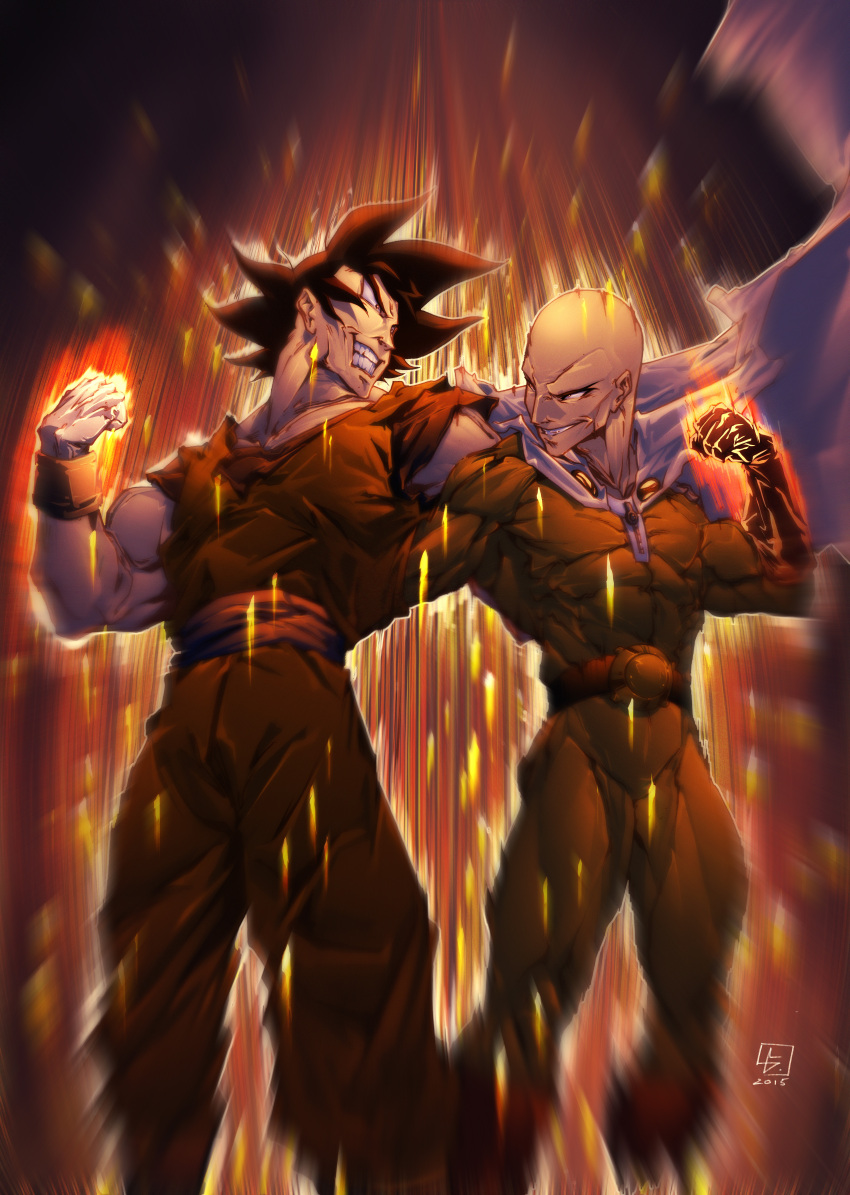 2boys abs absurdres artist_name bald black_hair bodysuit cape clenched_hand crossover dougi dragon_ball glint gloves highres looking_at_another luis_figueiredo male_focus multiple_boys muscular one-punch_man orange_pants orange_robe orange_shirt pants robe saitama_(one-punch_man) shirt short_sleeves signature smile son_goku spiky_hair standing teeth white_cape yellow_bodysuit