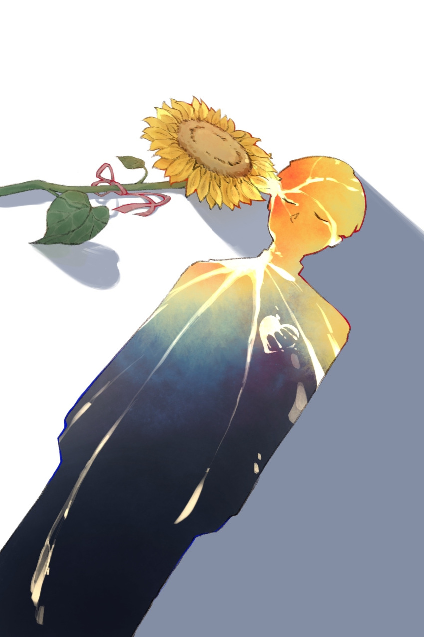 1boy arms_at_sides baize697 closed_eyes cowboy_shot double_exposure dutch_angle facing_viewer flower from_above gradient_sky heart highres kageyama_shigeo lying male_focus mob_psycho_100 no_mouth on_back red_ribbon ribbon short_hair simple_background sky solo sunflower white_background yellow_flower