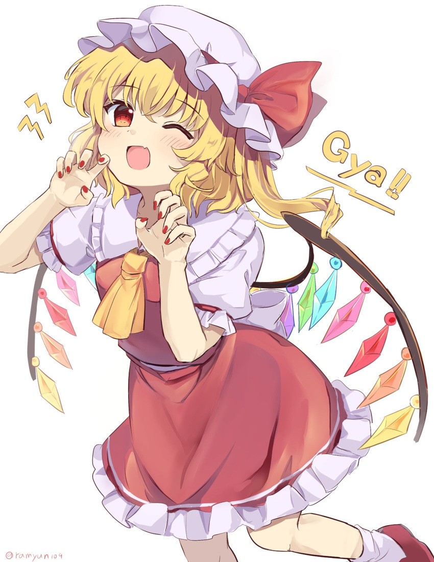 1girl ascot blonde_hair blush collared_shirt crystal fang fingernails flandre_scarlet frilled_shirt_collar frills hat highres long_hair mob_cap nail_polish one_eye_closed one_side_up open_mouth ramudia_(lamyun) red_eyes red_nails red_skirt red_vest shirt short_sleeves side_ponytail simple_background skin_fang skirt smile solo touhou twitter_username vest white_background white_headwear white_shirt wings yellow_ascot